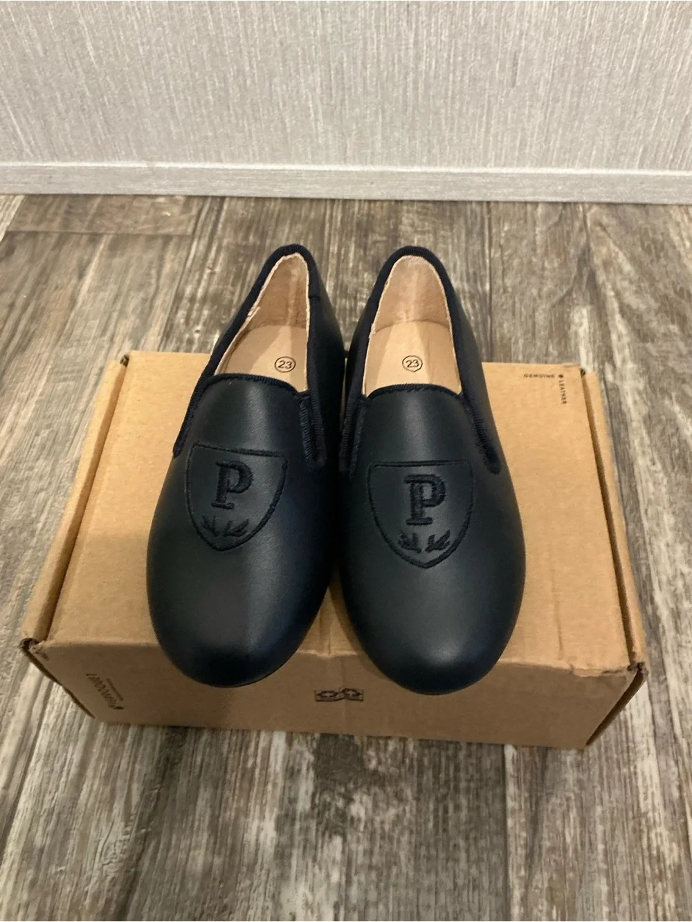 Children's Navy Dress Loafers with Embossed Crest Toddler Size 23=US Size 7